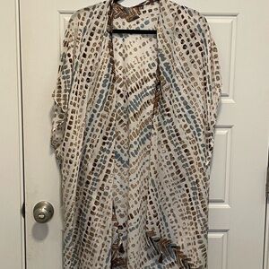 Lightweight White Printed Kimono Cardigan with Blue and Brown Accents